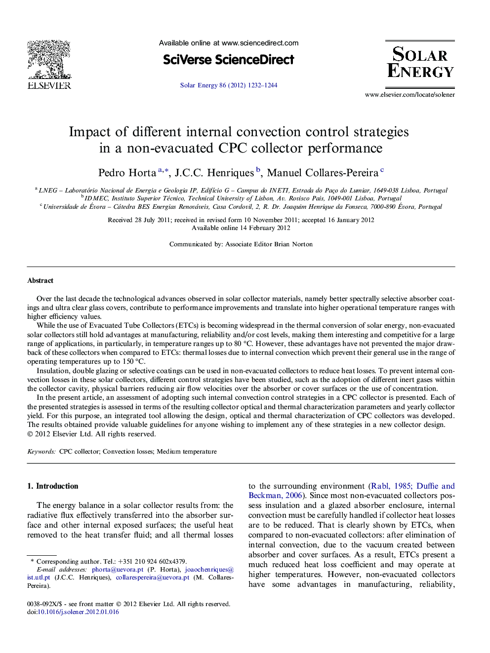 Impact of different internal convection control strategies in a non-evacuated CPC collector performance