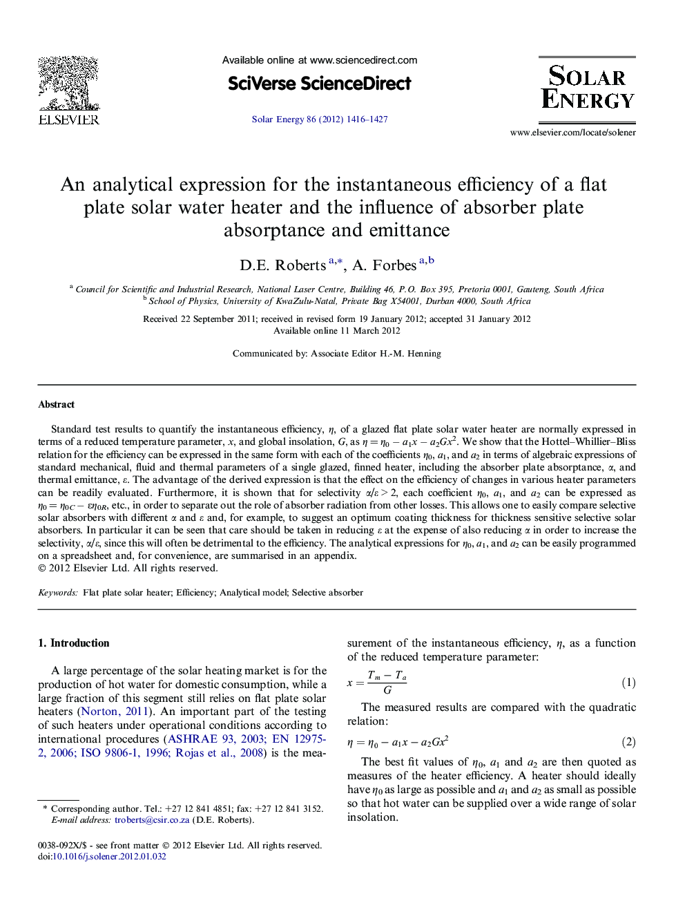 An analytical expression for the instantaneous efficiency of a flat plate solar water heater and the influence of absorber plate absorptance and emittance