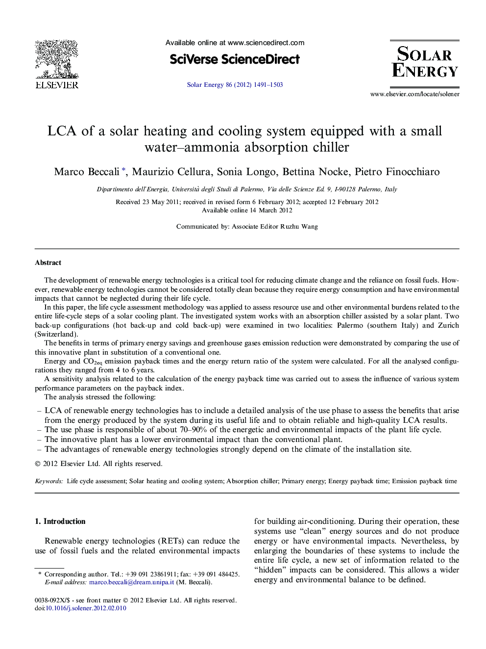 LCA of a solar heating and cooling system equipped with a small water–ammonia absorption chiller