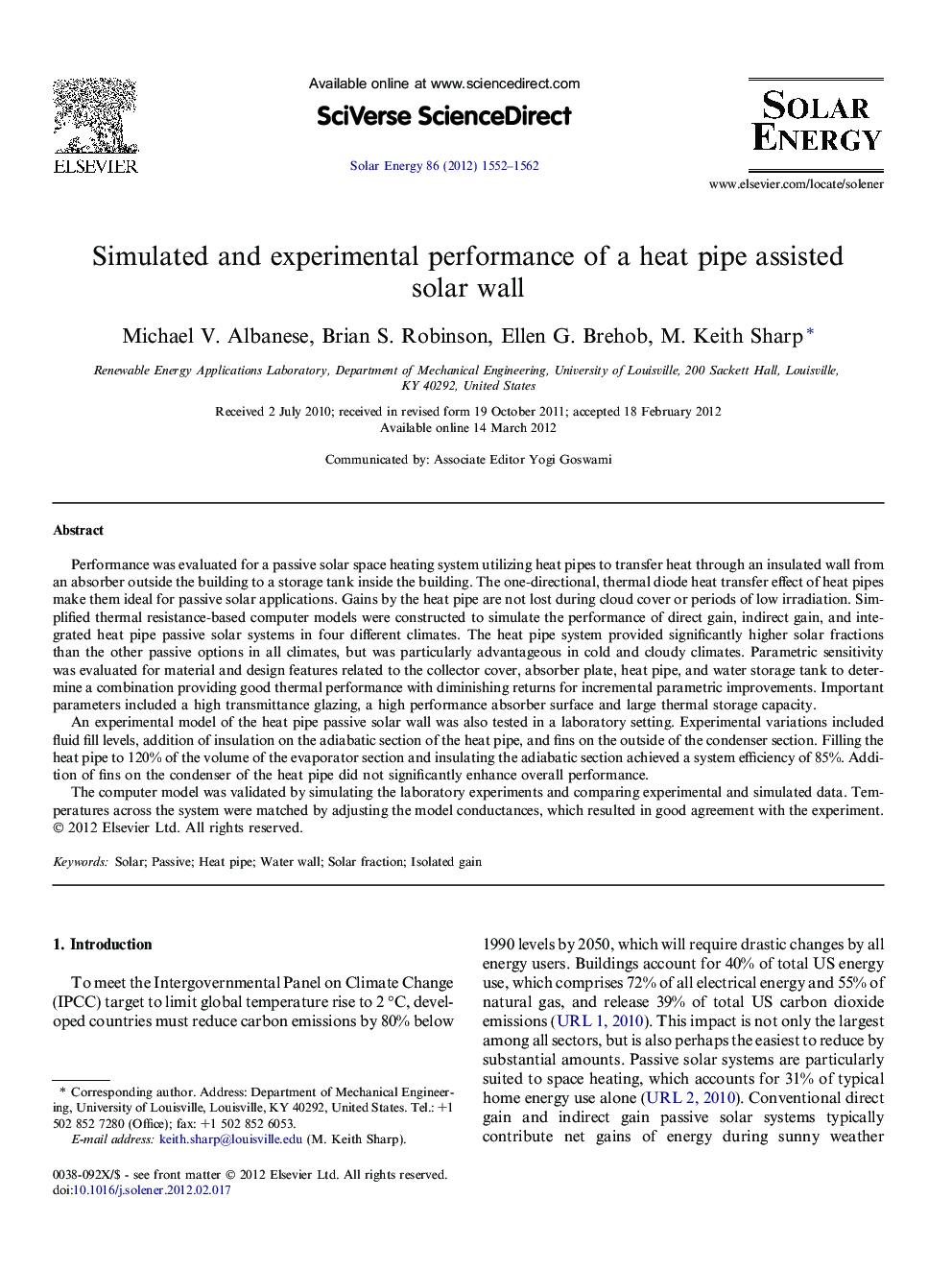 Simulated and experimental performance of a heat pipe assisted solar wall