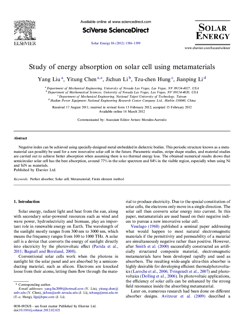 Study of energy absorption on solar cell using metamaterials