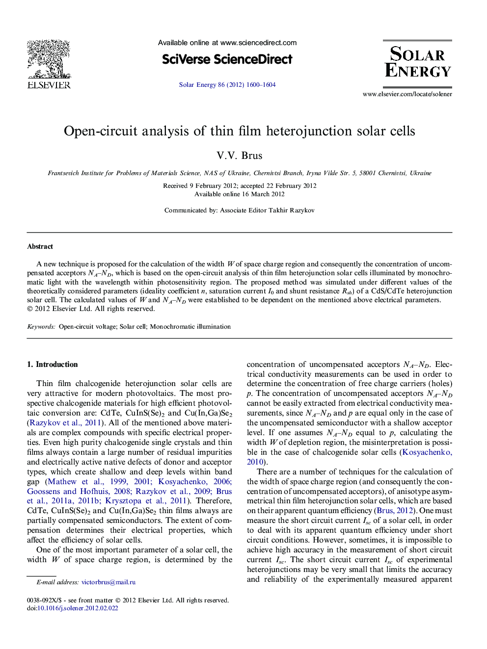 Open-circuit analysis of thin film heterojunction solar cells