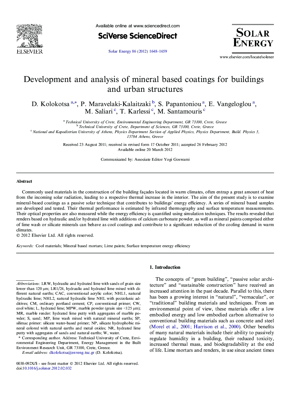 Development and analysis of mineral based coatings for buildings and urban structures