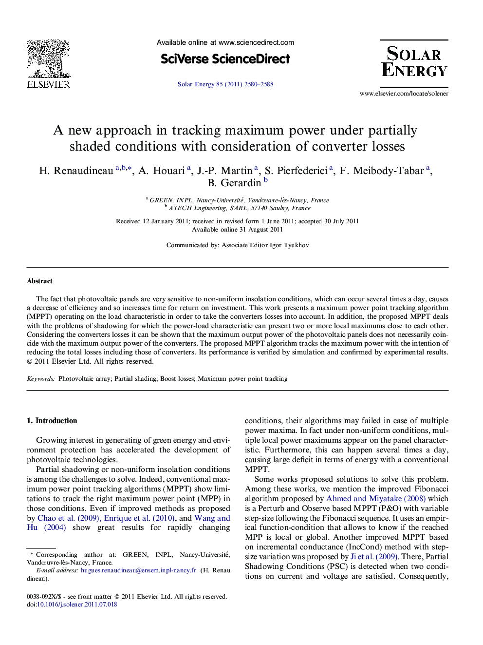 عکس صفحه اول مقاله: A new approach in tracking maximum power under partially shaded conditions with consideration of converter losses A new approach in tracking maximum power under partially shaded conditions with consideration of converter losses