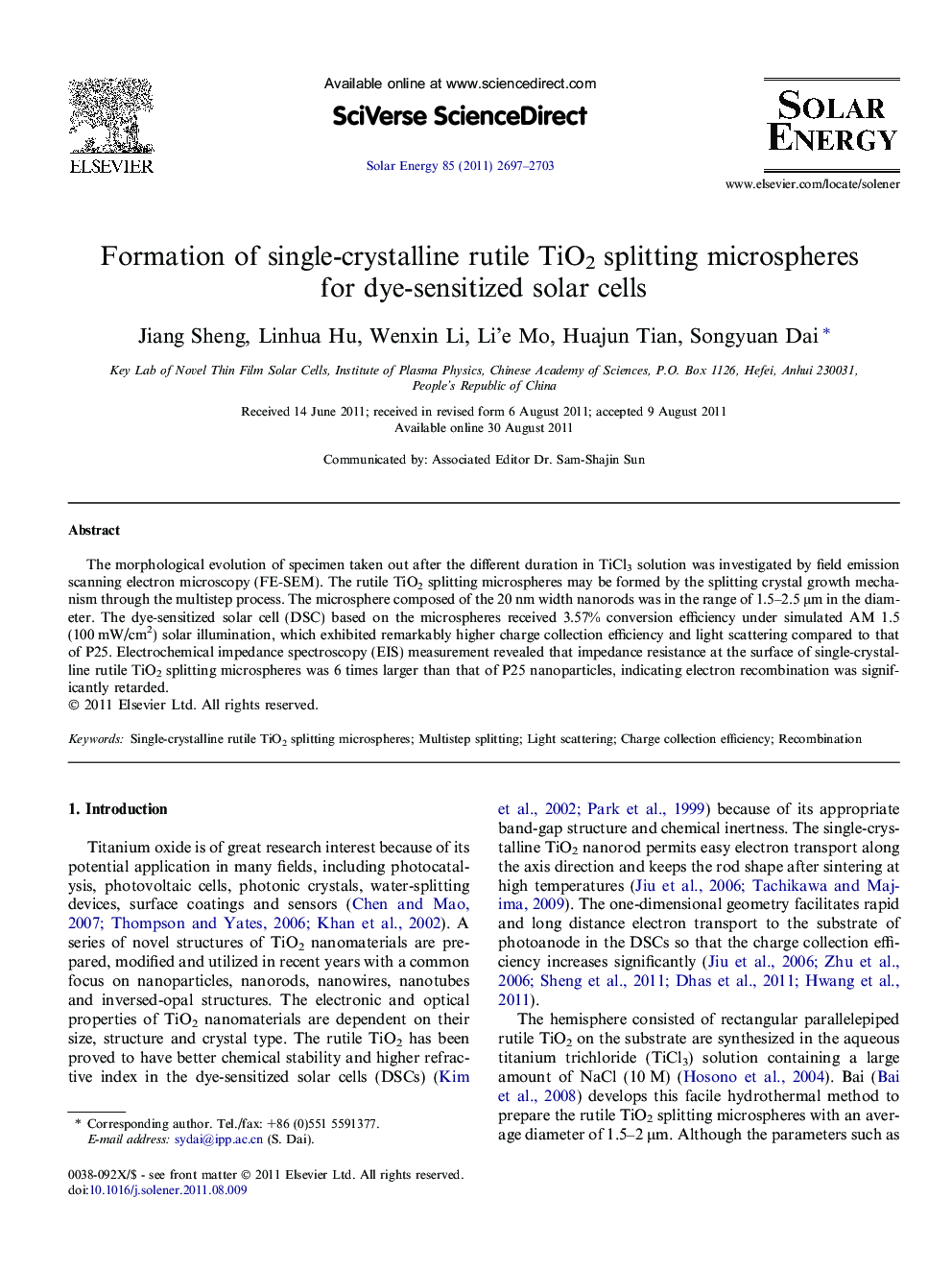 Formation of single-crystalline rutile TiO2 splitting microspheres for dye-sensitized solar cells