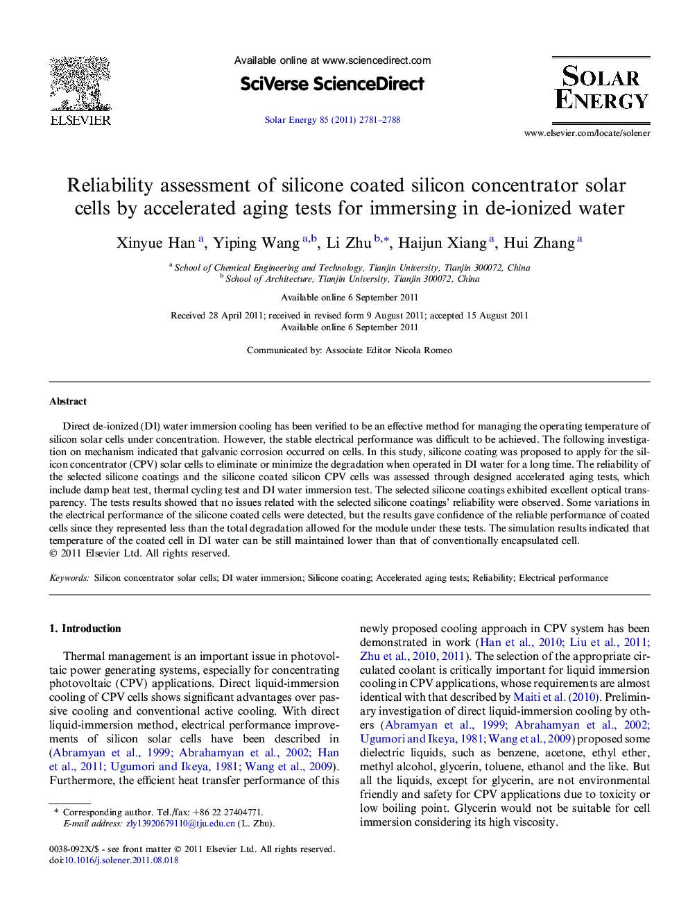 Reliability assessment of silicone coated silicon concentrator solar cells by accelerated aging tests for immersing in de-ionized water