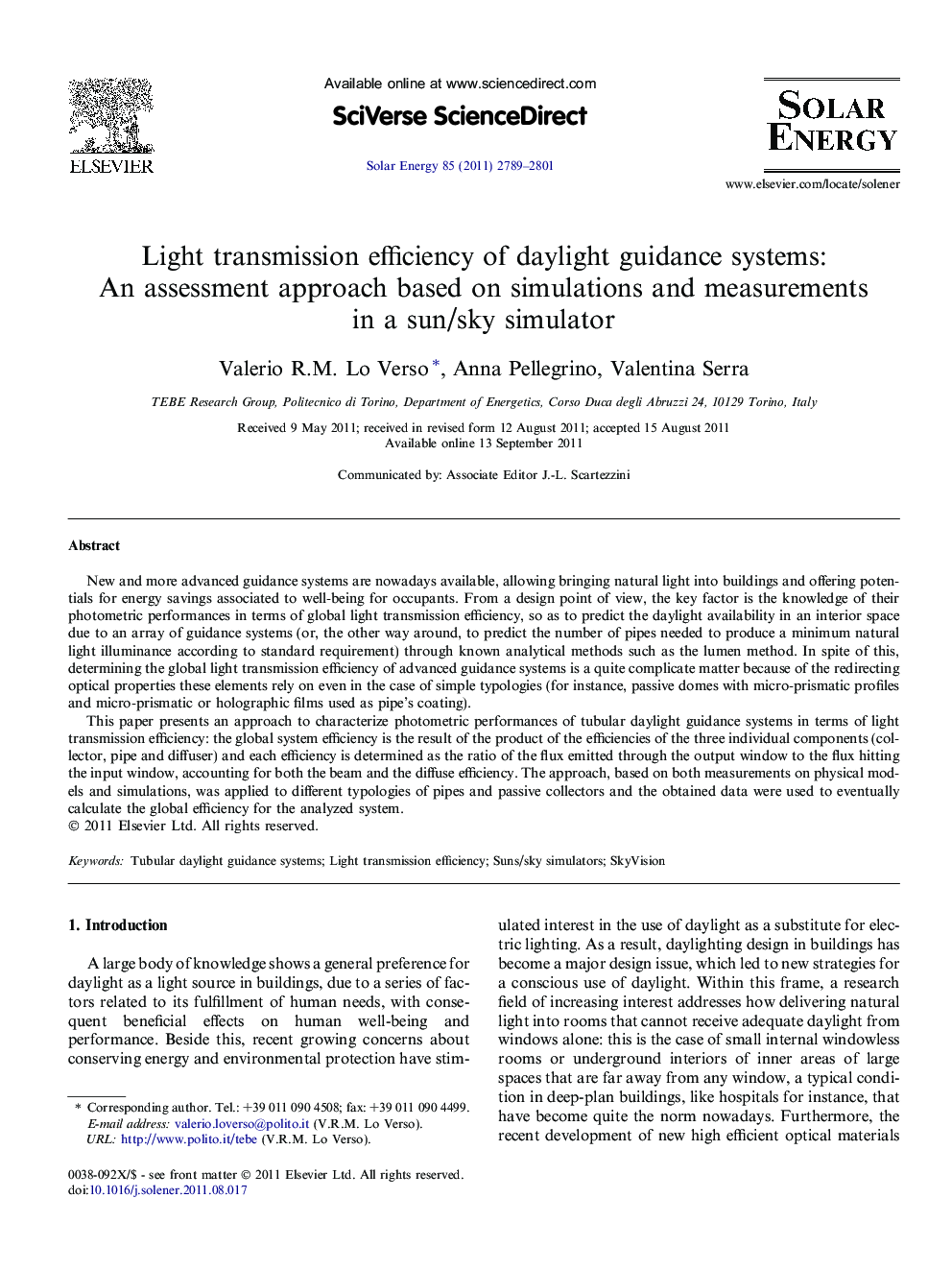 Light transmission efficiency of daylight guidance systems: An assessment approach based on simulations and measurements in a sun/sky simulator