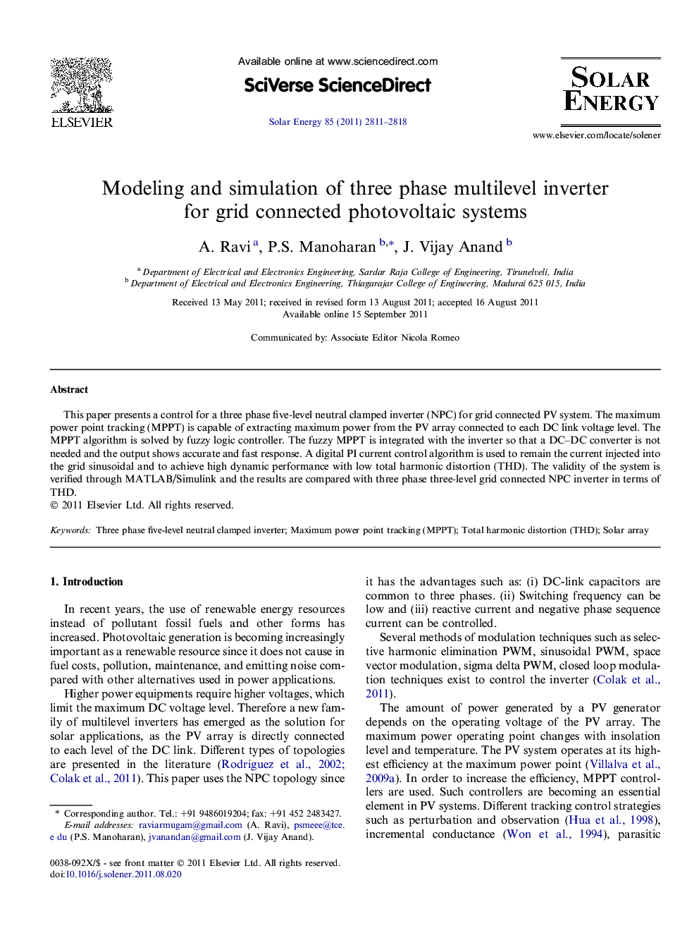 Modeling and simulation of three phase multilevel inverter for grid connected photovoltaic systems