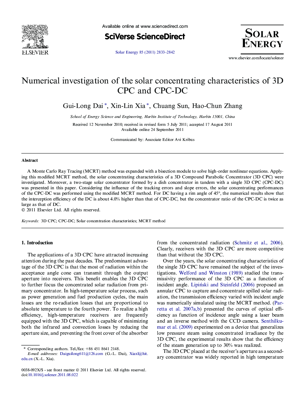 Numerical investigation of the solar concentrating characteristics of 3D CPC and CPC-DC