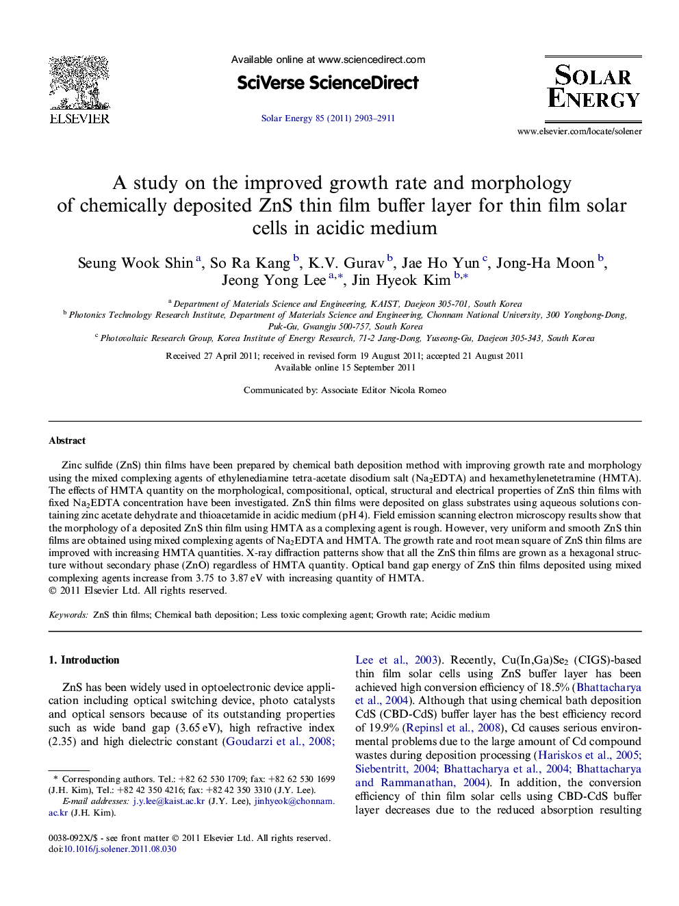 A study on the improved growth rate and morphology of chemically deposited ZnS thin film buffer layer for thin film solar cells in acidic medium
