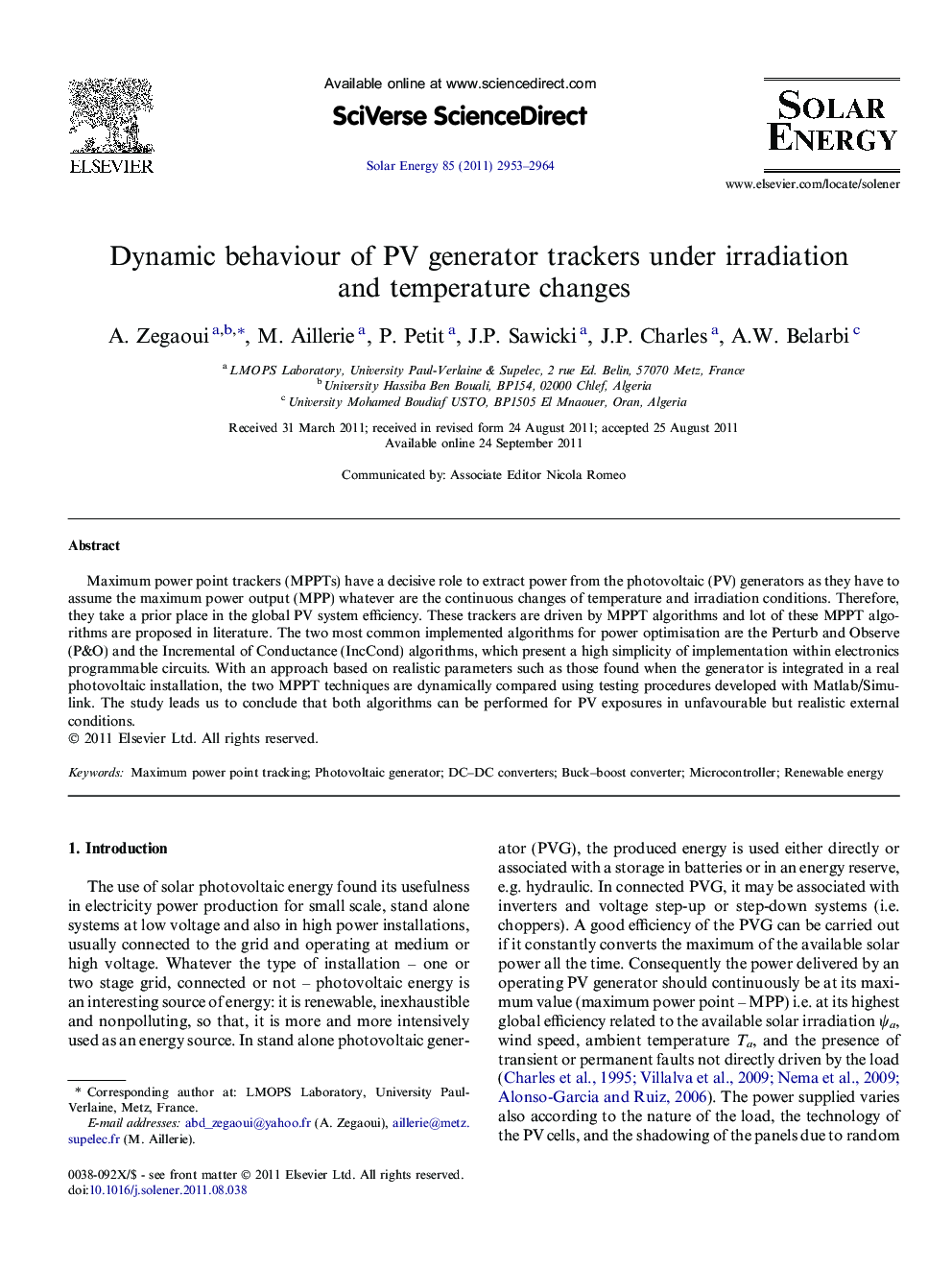 Dynamic behaviour of PV generator trackers under irradiation and temperature changes