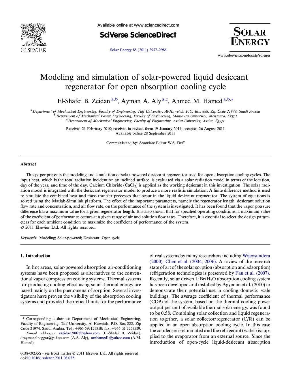 Modeling and simulation of solar-powered liquid desiccant regenerator for open absorption cooling cycle