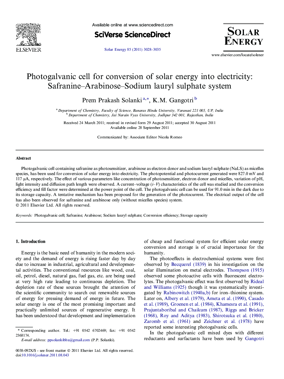 Photogalvanic cell for conversion of solar energy into electricity: Safranine–Arabinose–Sodium lauryl sulphate system