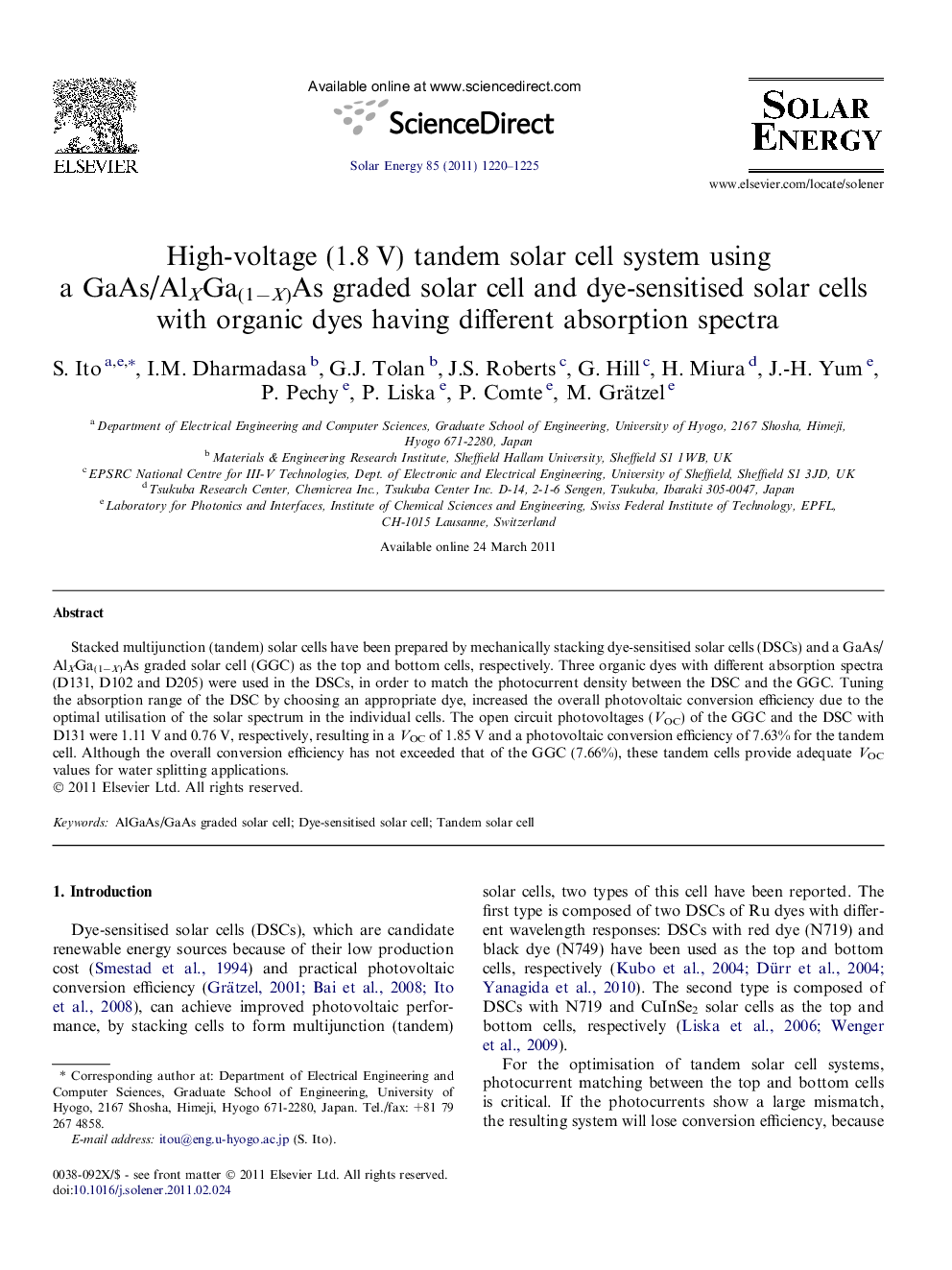 High-voltage (1.8 V) tandem solar cell system using a GaAs/AlXGa(1−X)As graded solar cell and dye-sensitised solar cells with organic dyes having different absorption spectra