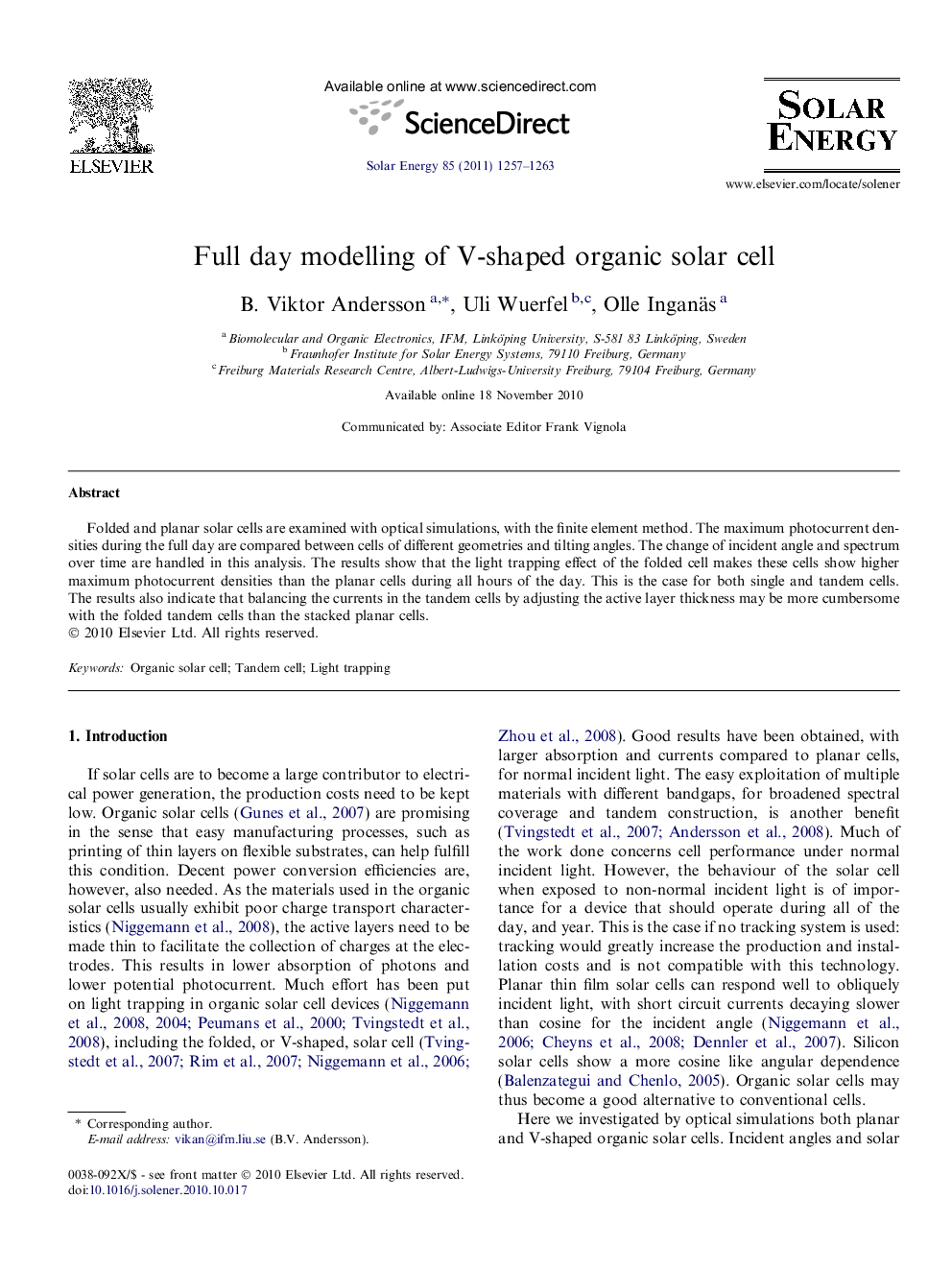 Full day modelling of V-shaped organic solar cell