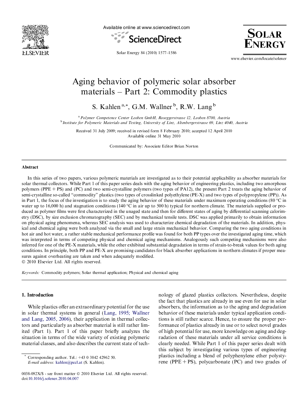 Aging behavior of polymeric solar absorber materials – Part 2: Commodity plastics