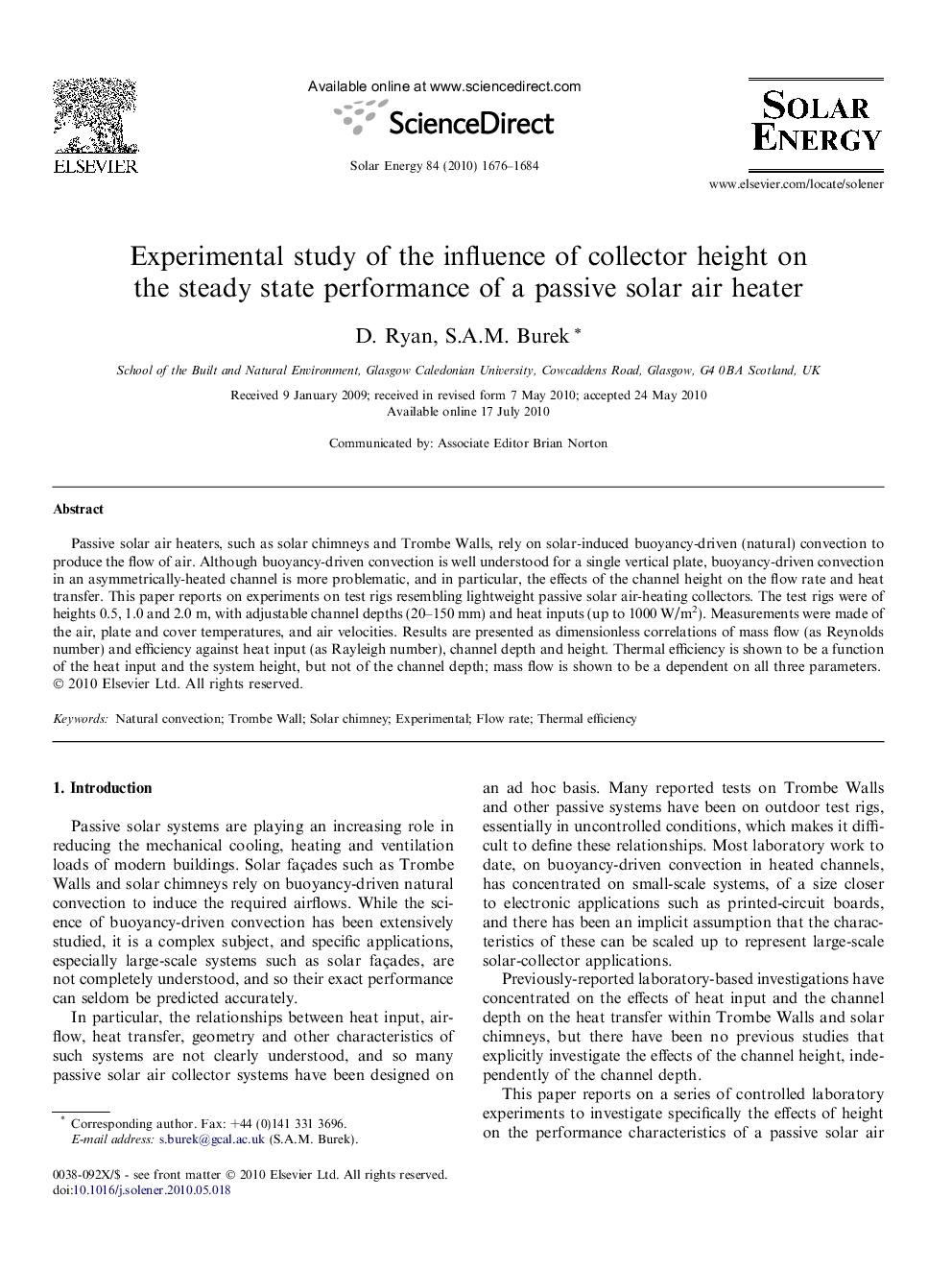 Experimental study of the influence of collector height on the steady state performance of a passive solar air heater