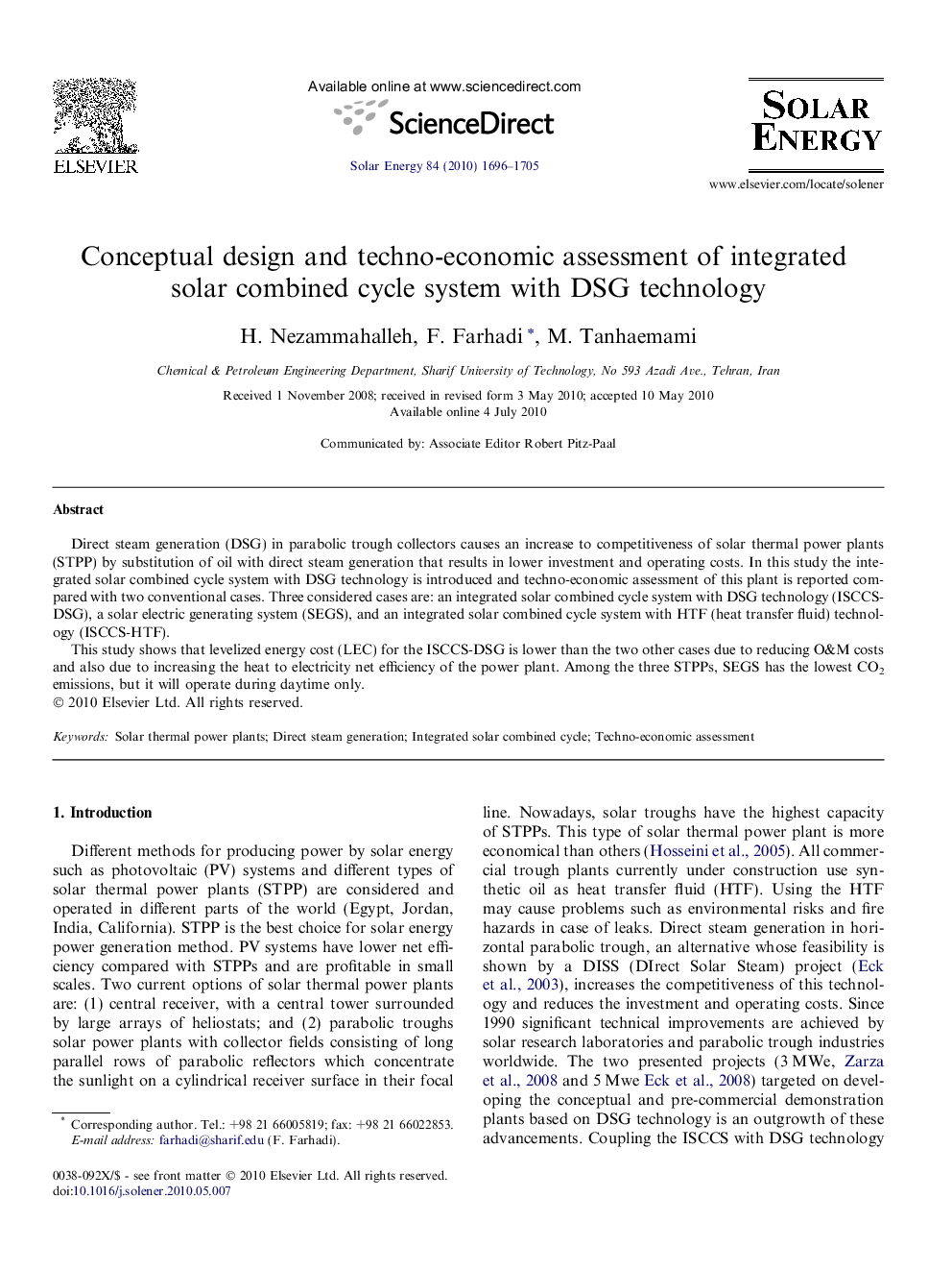 Conceptual design and techno-economic assessment of integrated solar combined cycle system with DSG technology