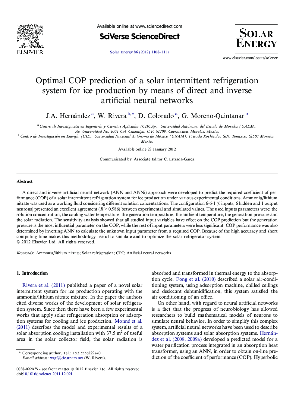 Optimal COP prediction of a solar intermittent refrigeration system for ice production by means of direct and inverse artificial neural networks
