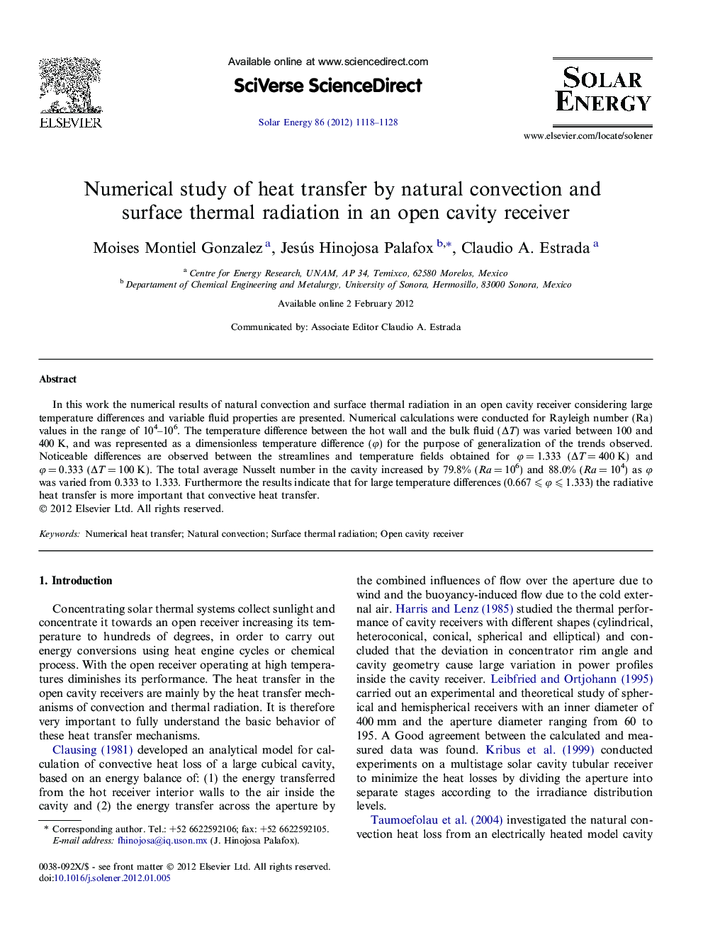 Numerical study of heat transfer by natural convection and surface thermal radiation in an open cavity receiver