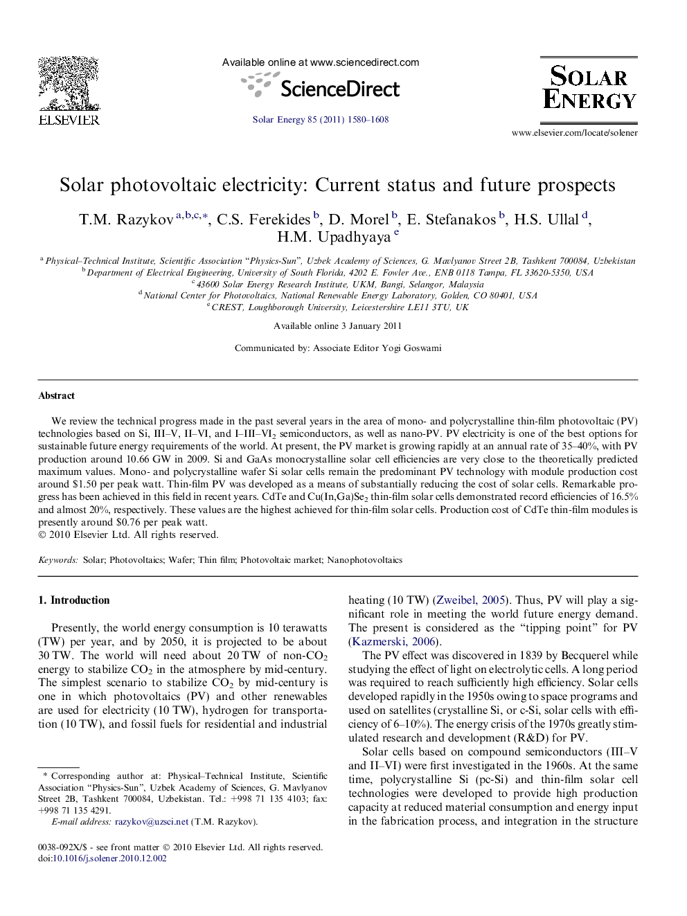 Solar photovoltaic electricity: Current status and future prospects