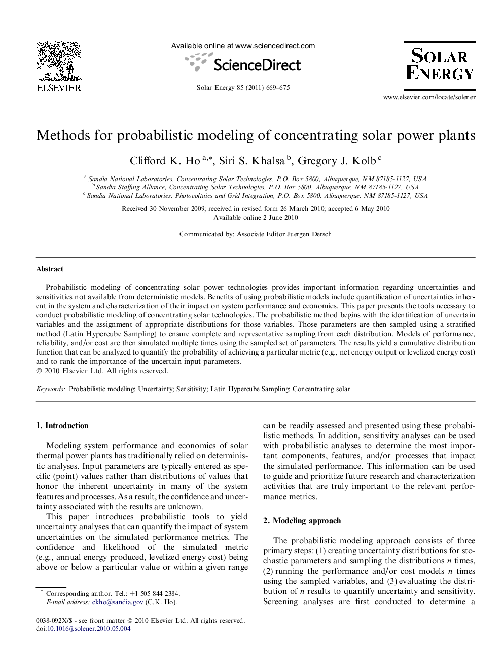 Methods for probabilistic modeling of concentrating solar power plants