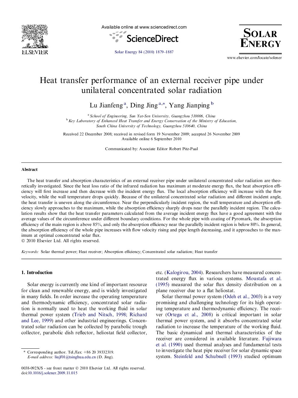 Heat transfer performance of an external receiver pipe under unilateral concentrated solar radiation