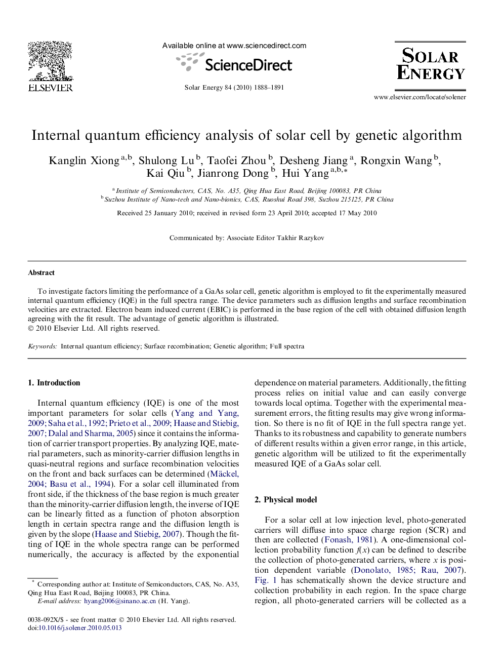 Internal quantum efficiency analysis of solar cell by genetic algorithm