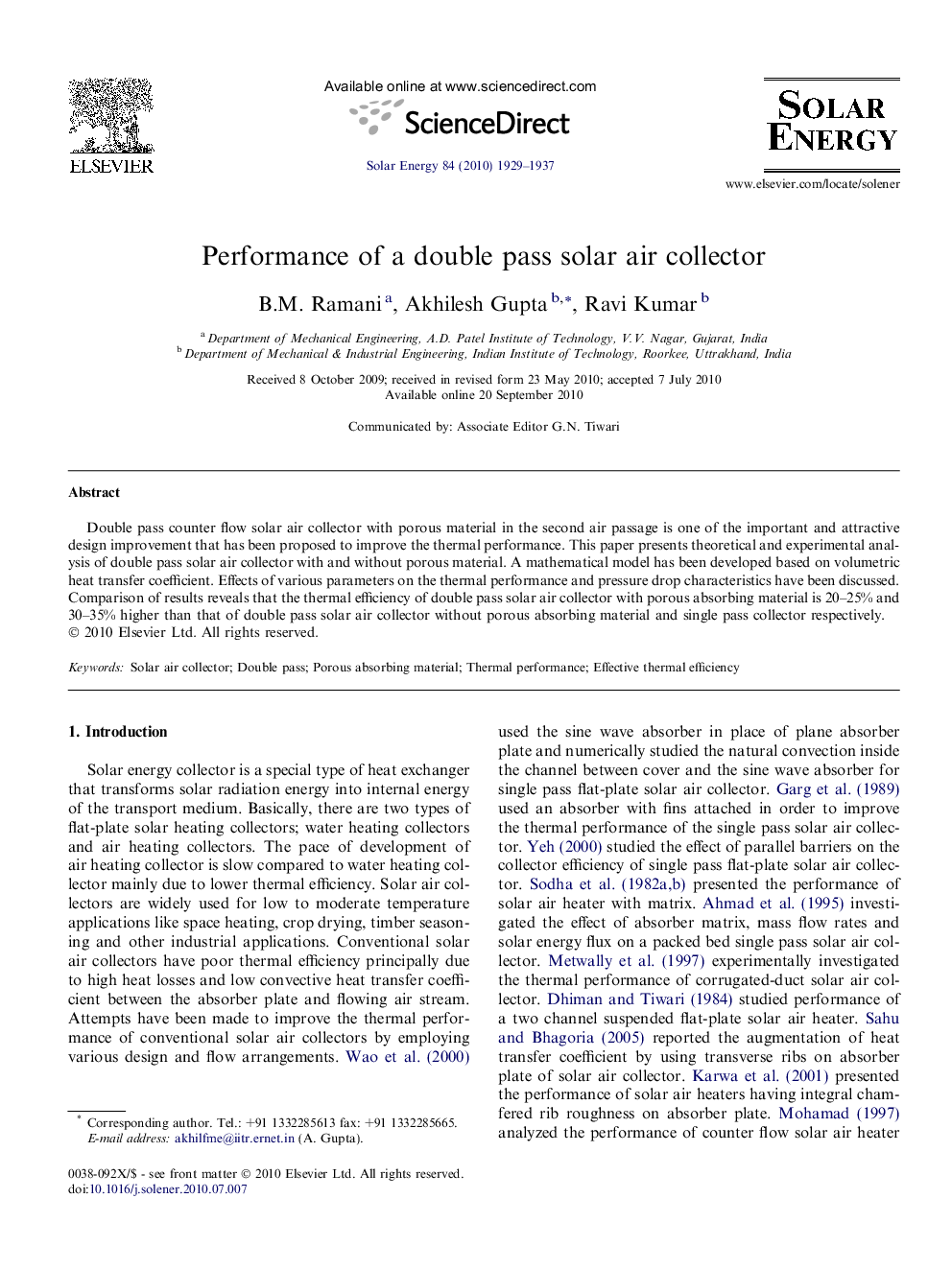 Performance of a double pass solar air collector