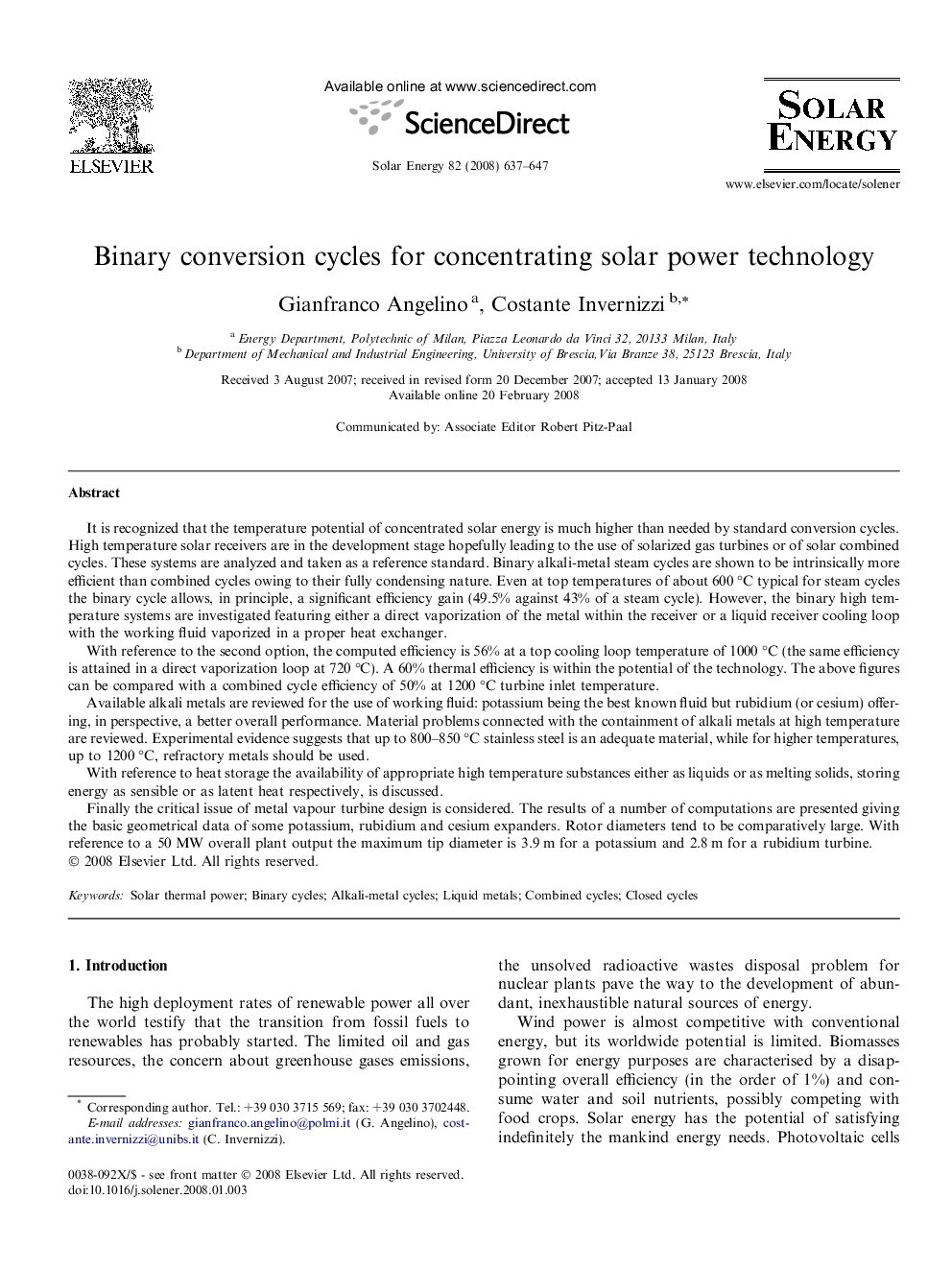 Binary conversion cycles for concentrating solar power technology