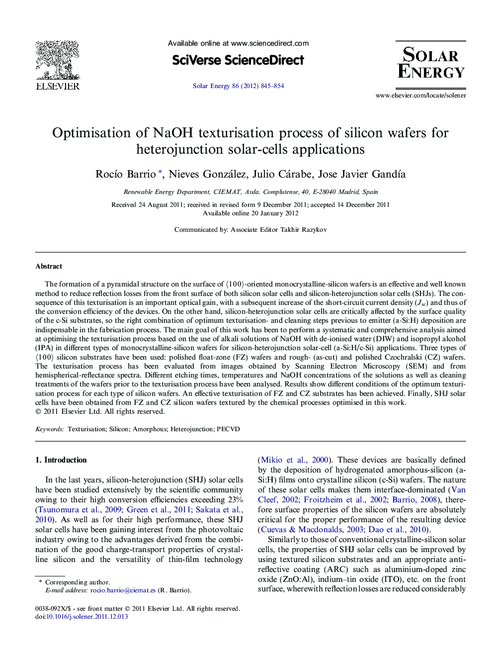 Optimisation of NaOH texturisation process of silicon wafers for heterojunction solar-cells applications