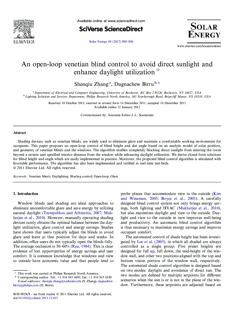 An open-loop venetian blind control to avoid direct sunlight and enhance daylight utilization 