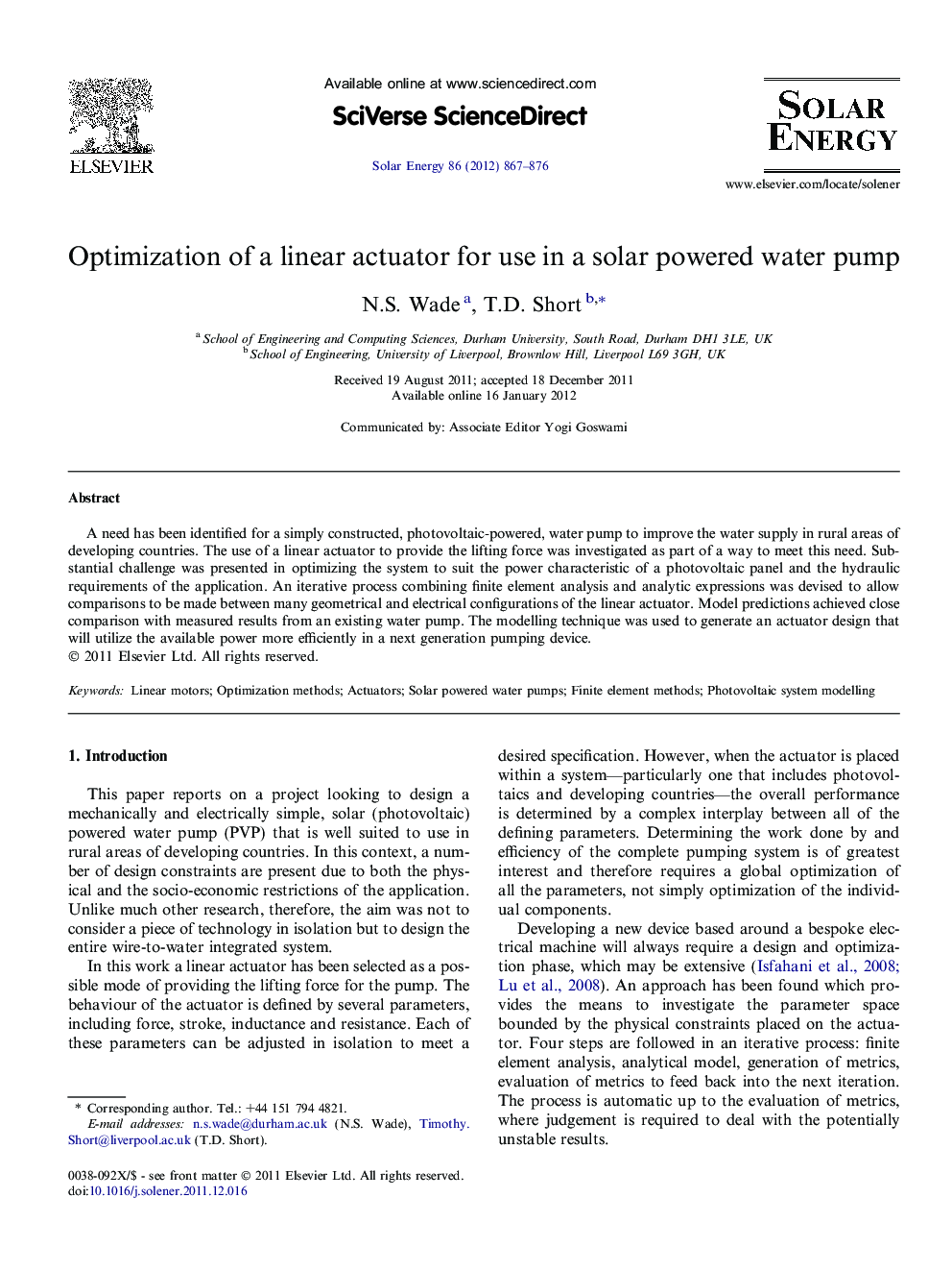 Optimization of a linear actuator for use in a solar powered water pump