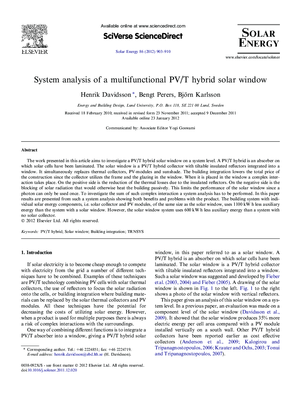 System analysis of a multifunctional PV/T hybrid solar window