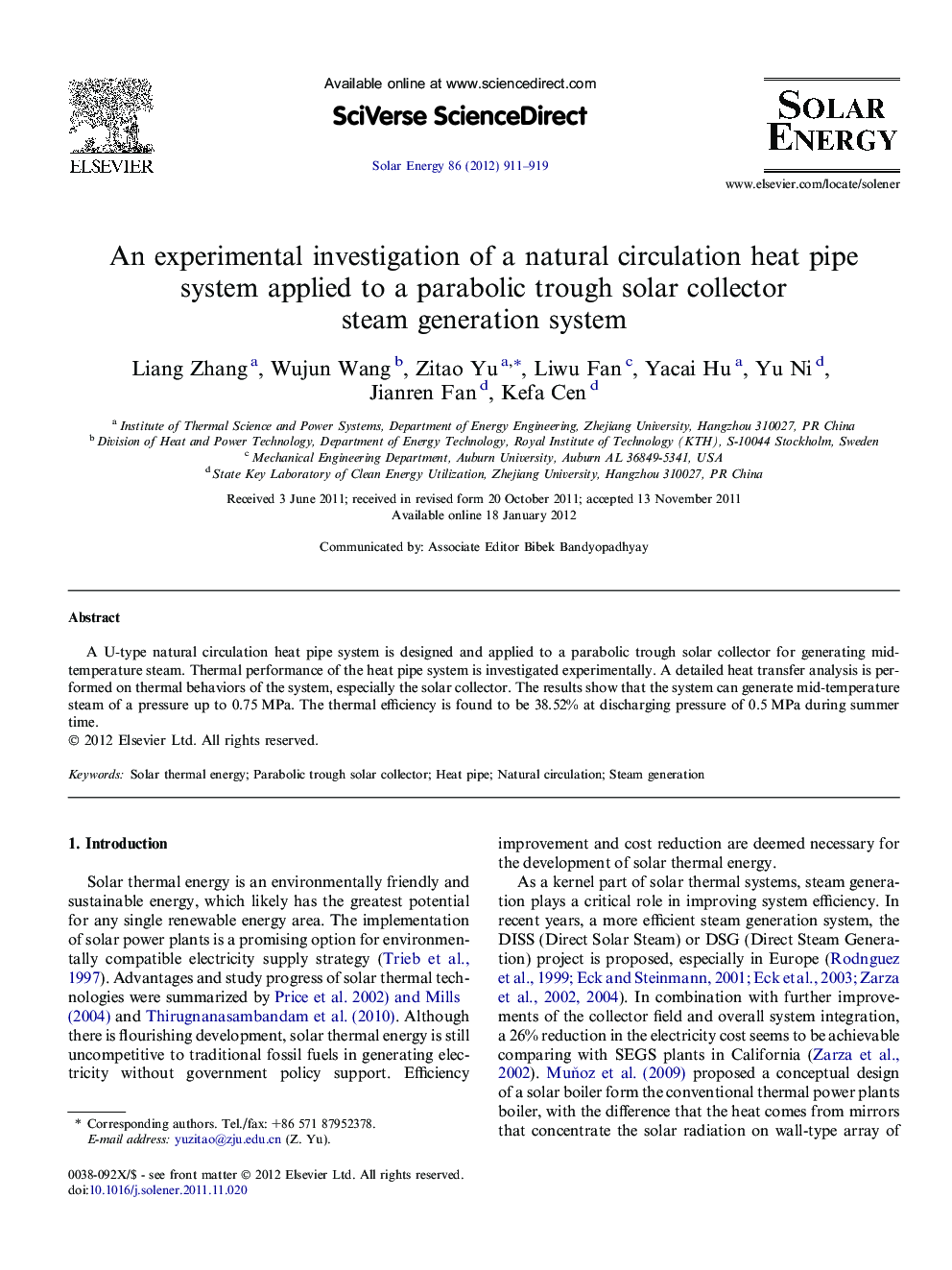 An experimental investigation of a natural circulation heat pipe system applied to a parabolic trough solar collector steam generation system