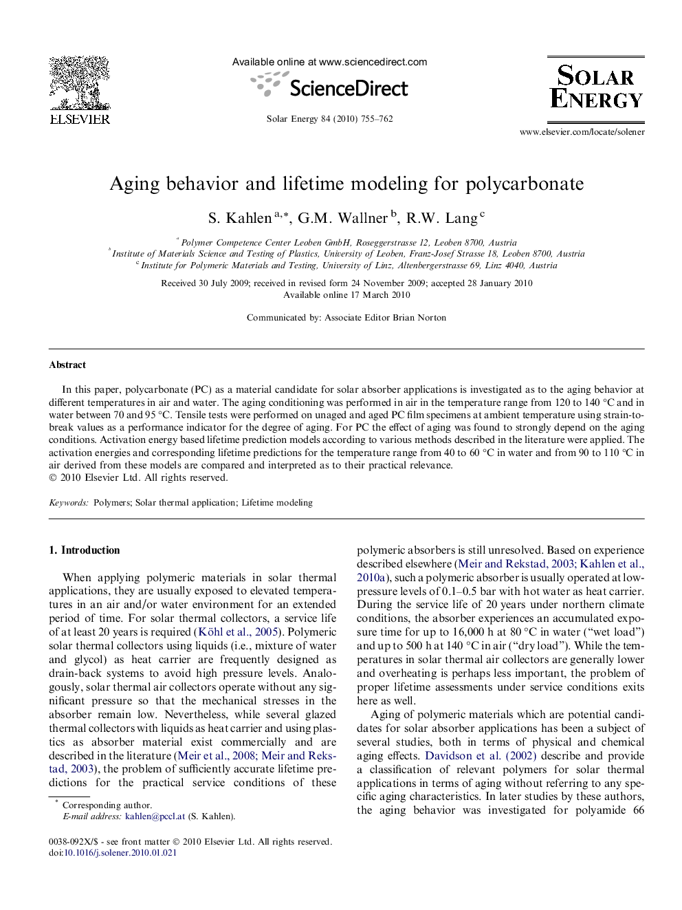 Aging behavior and lifetime modeling for polycarbonate