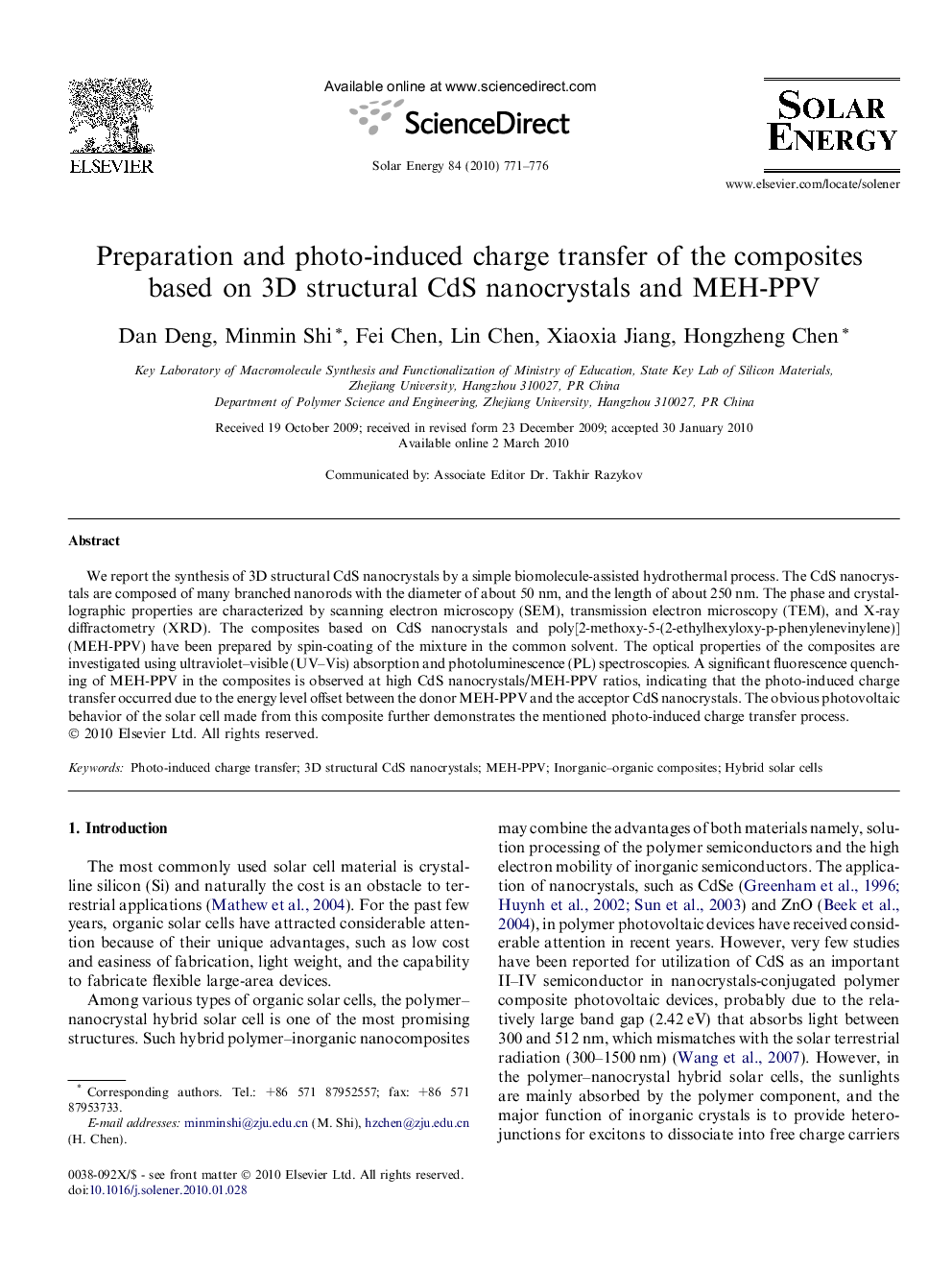 Preparation and photo-induced charge transfer of the composites based on 3D structural CdS nanocrystals and MEH-PPV