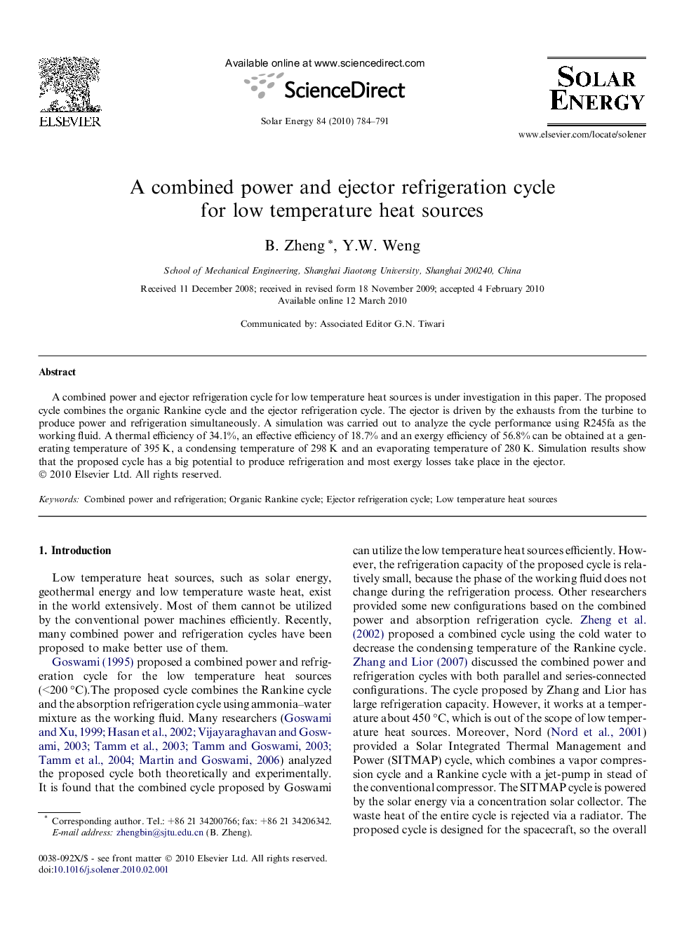 A combined power and ejector refrigeration cycle for low temperature heat sources