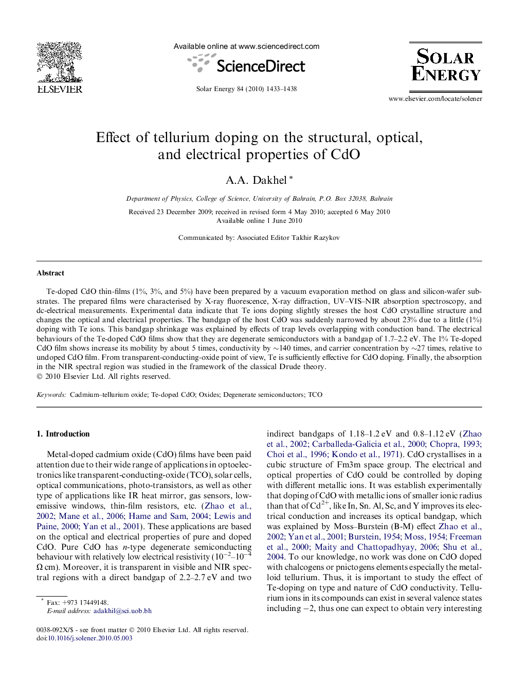 Effect of tellurium doping on the structural, optical, and electrical properties of CdO