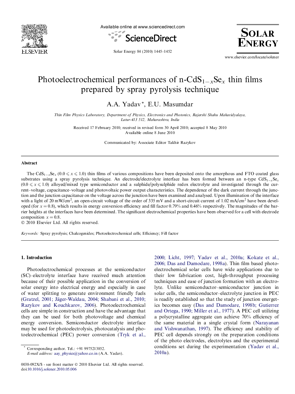 Photoelectrochemical performances of n-CdS1−xSex thin films prepared by spray pyrolysis technique