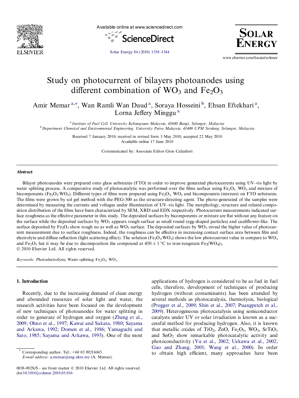 Study on photocurrent of bilayers photoanodes using different combination of WO3 and Fe2O3