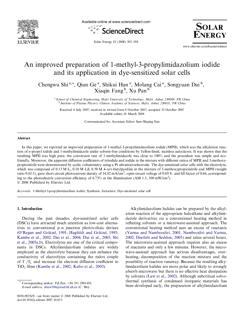 An improved preparation of 1-methyl-3-propylimidazolium iodide and its application in dye-sensitized solar cells