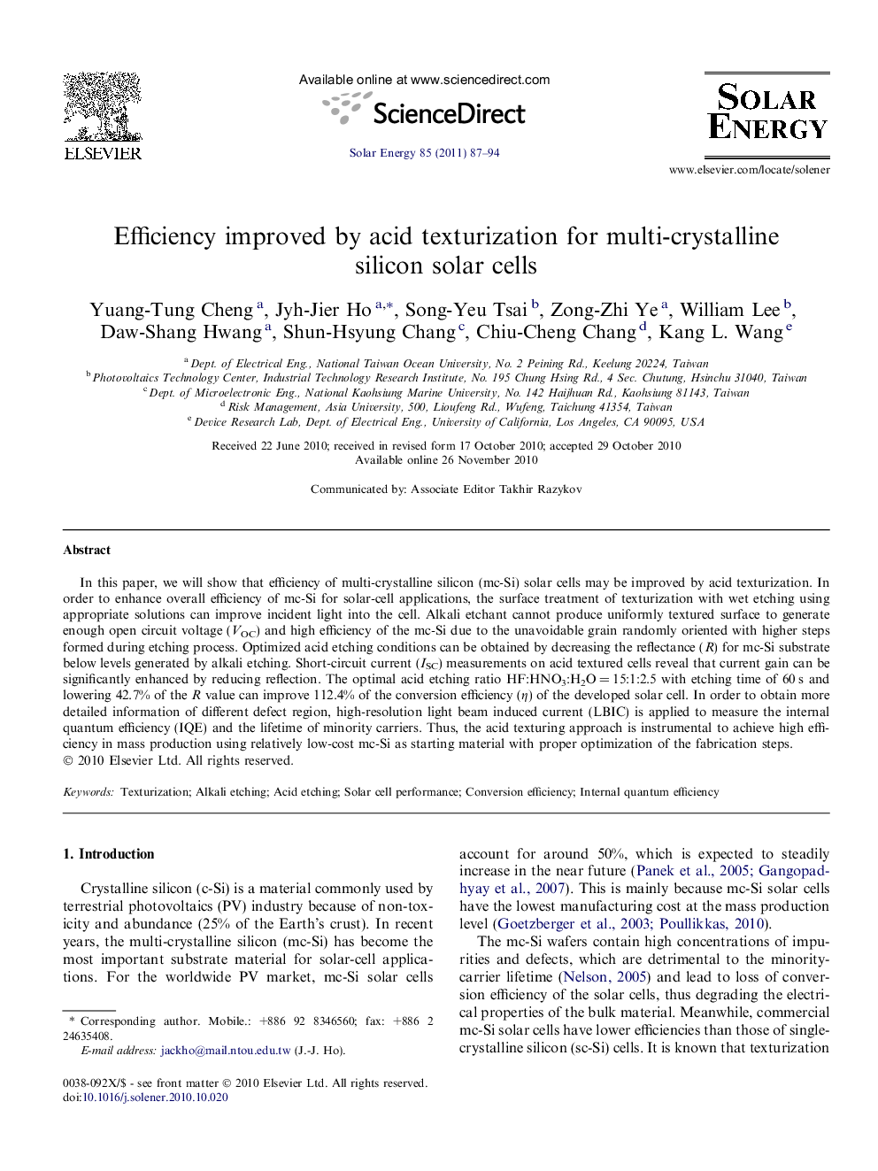 Efficiency improved by acid texturization for multi-crystalline silicon solar cells