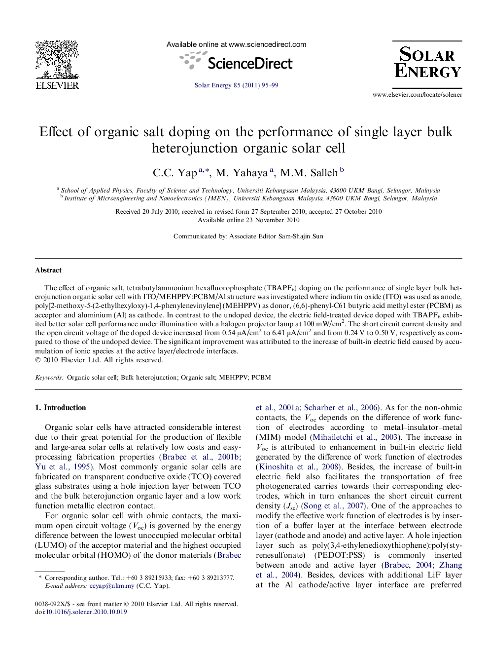 Effect of organic salt doping on the performance of single layer bulk heterojunction organic solar cell