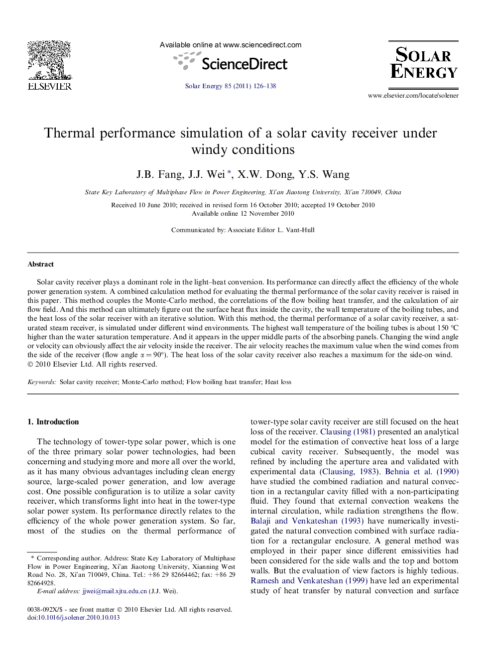 Thermal performance simulation of a solar cavity receiver under windy conditions