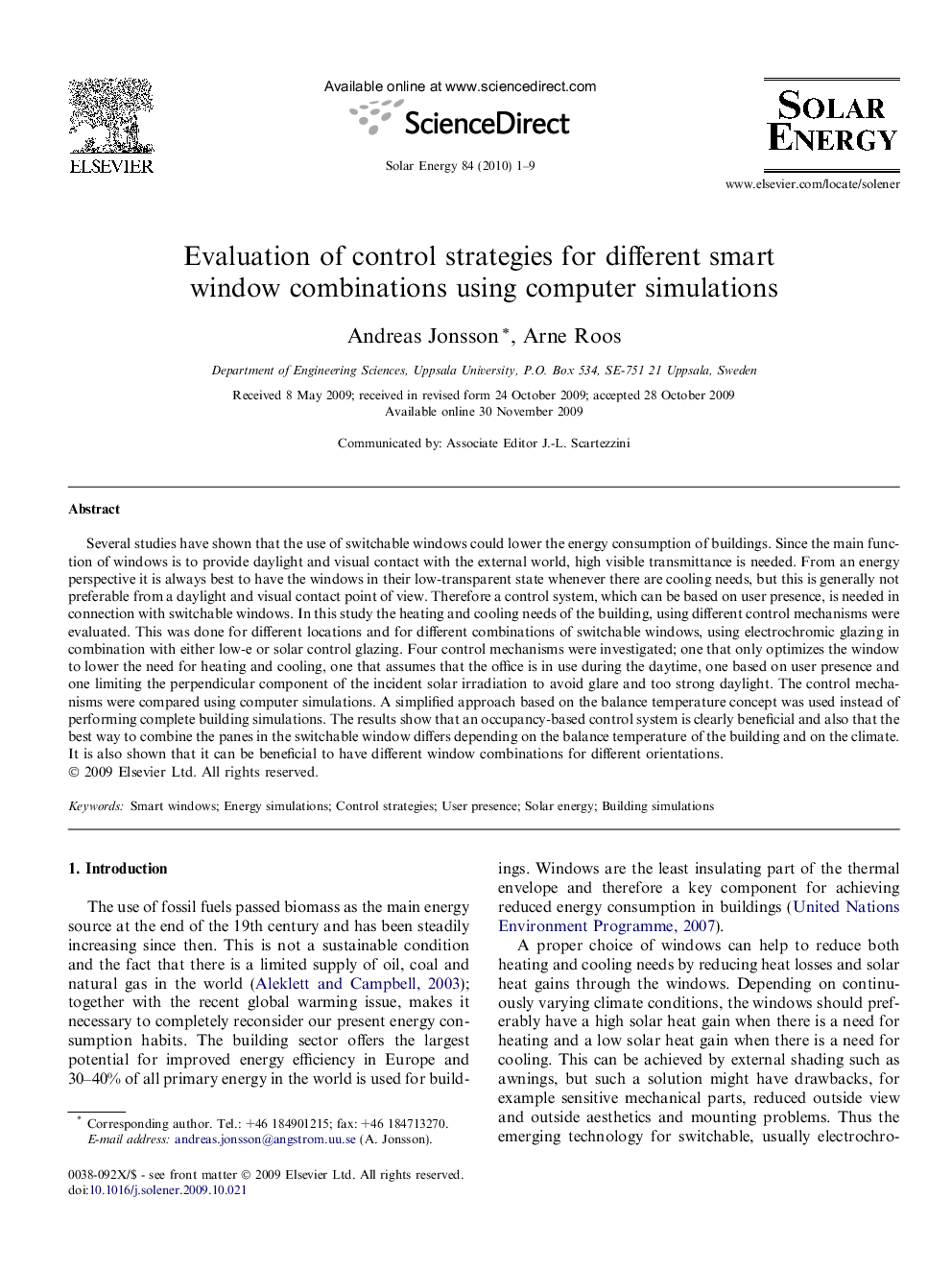 Evaluation of control strategies for different smart window combinations using computer simulations