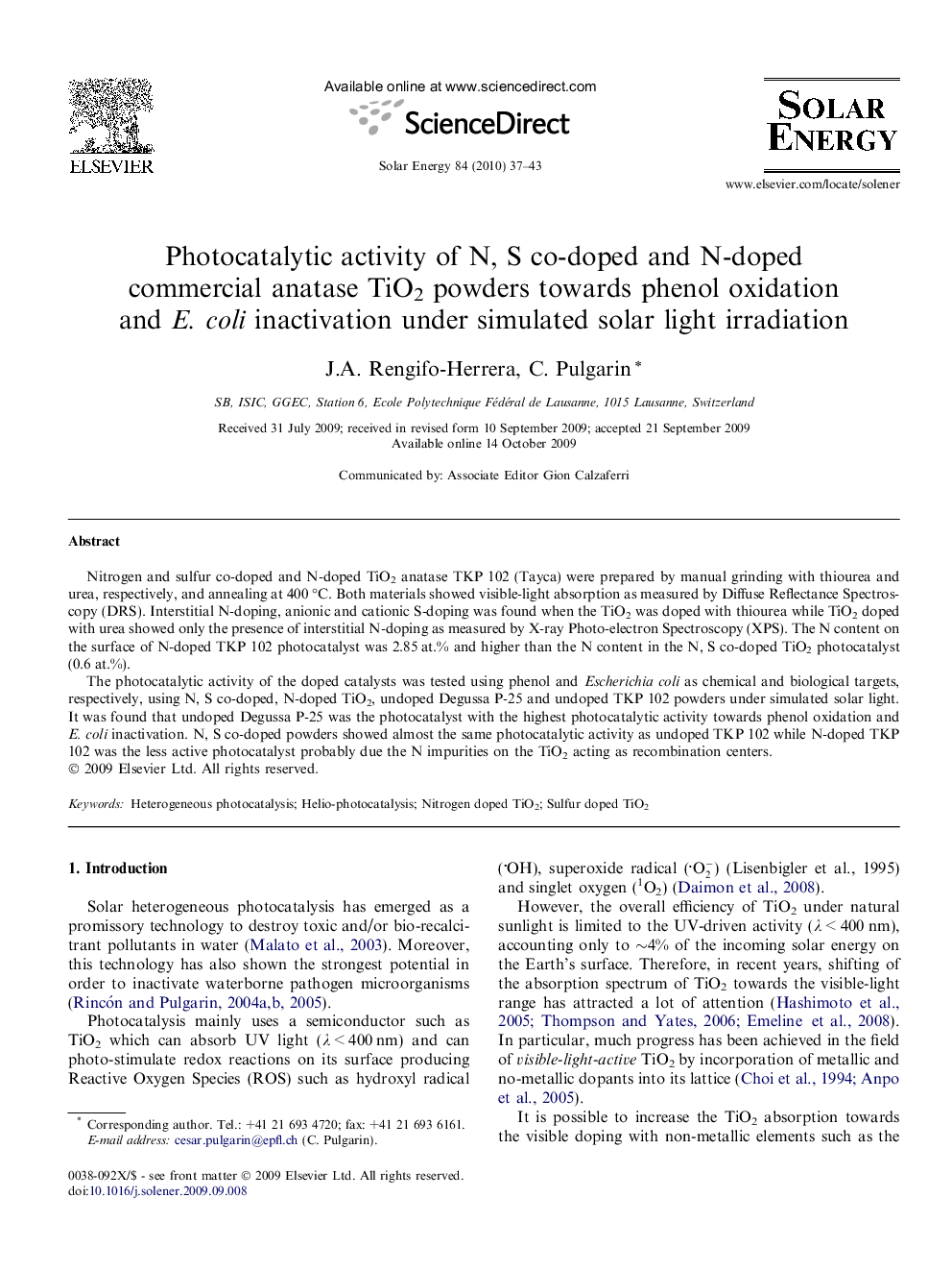 Photocatalytic activity of N, S co-doped and N-doped commercial anatase TiO2 powders towards phenol oxidation and E. coli inactivation under simulated solar light irradiation