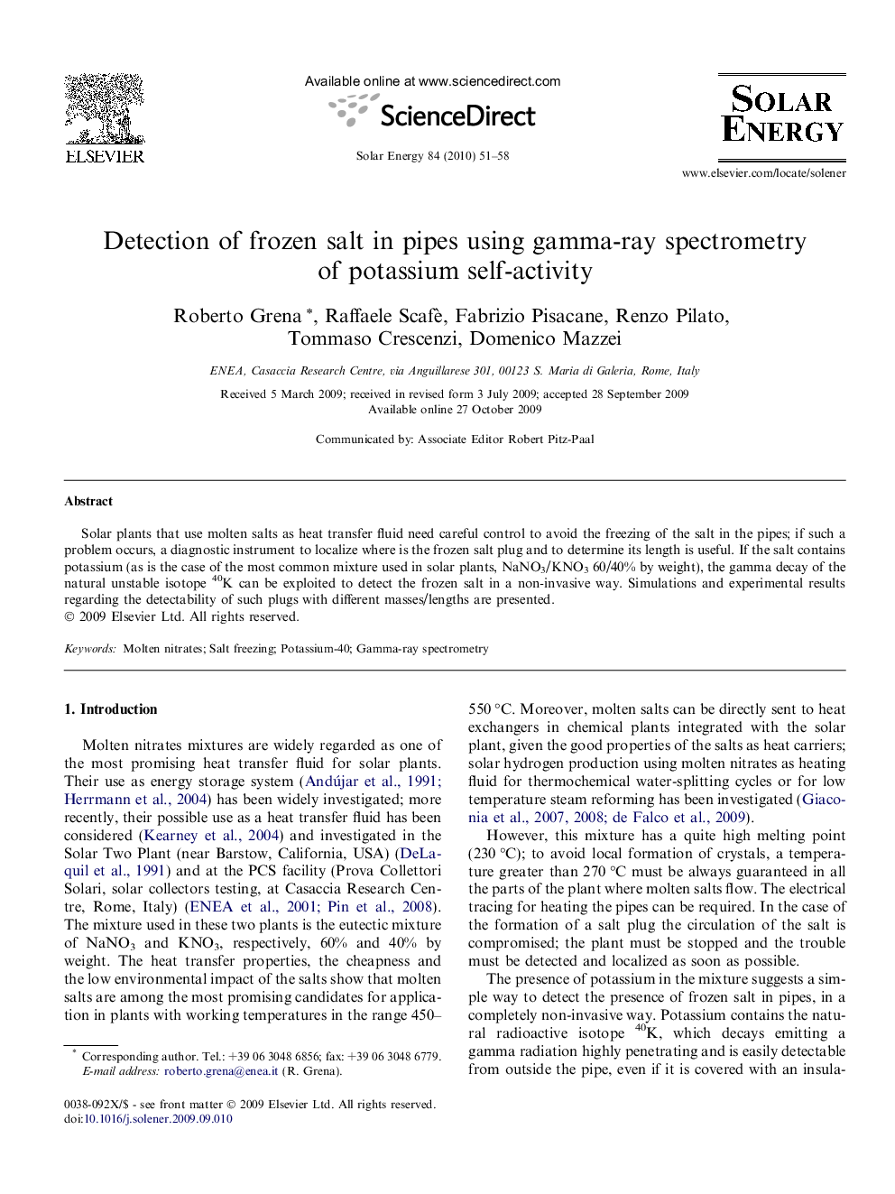 Detection of frozen salt in pipes using gamma-ray spectrometry of potassium self-activity