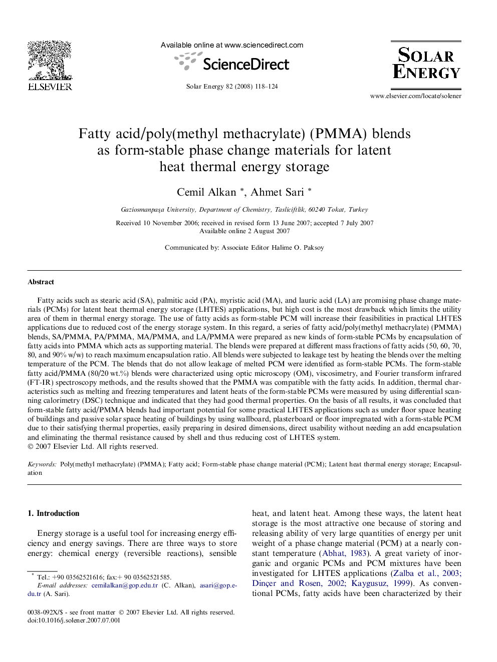 Fatty acid/poly(methyl methacrylate) (PMMA) blends as form-stable phase change materials for latent heat thermal energy storage