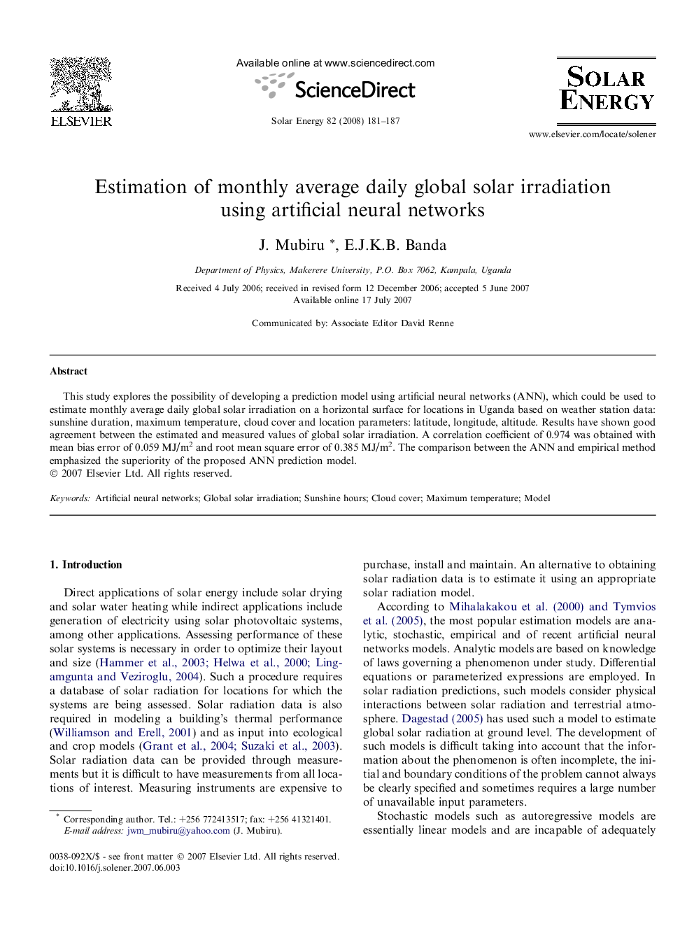 Estimation of monthly average daily global solar irradiation using artificial neural networks